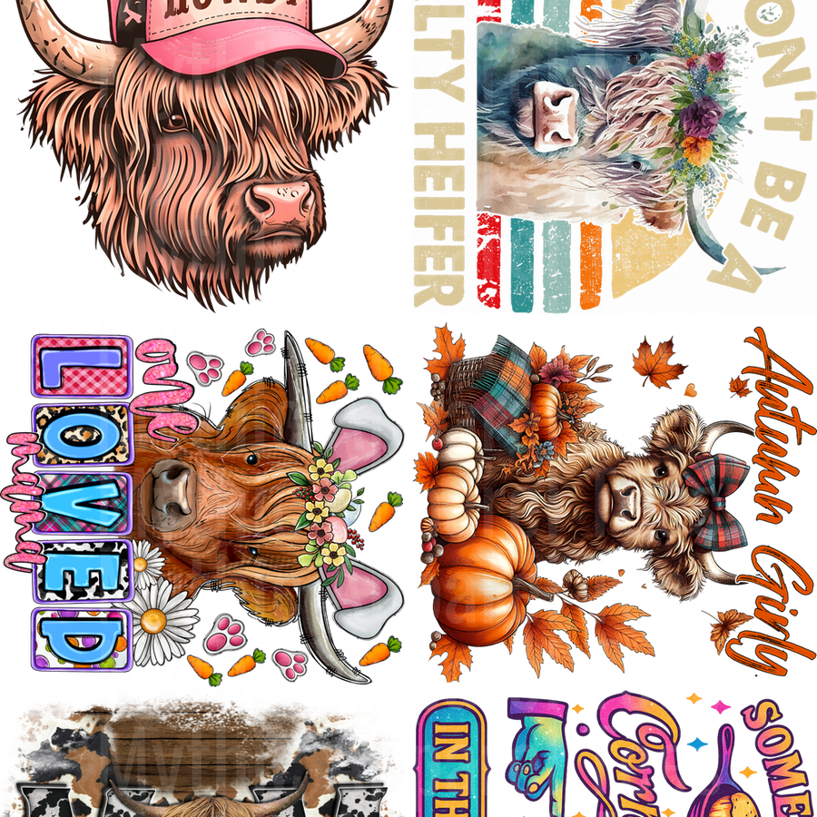 HIGHLAND COW SUNFLOWER GANG SHEET 10 FULL SIZE IMAGES