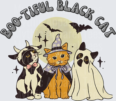 Boo-Tiful Black Cat Halloween Cats in Costumes Full Moon Bats Witch Wizard Ghost Cow Costume Trio