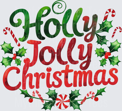 Christmas Holly Jolly Typography with Holly Berries and Candy Canes