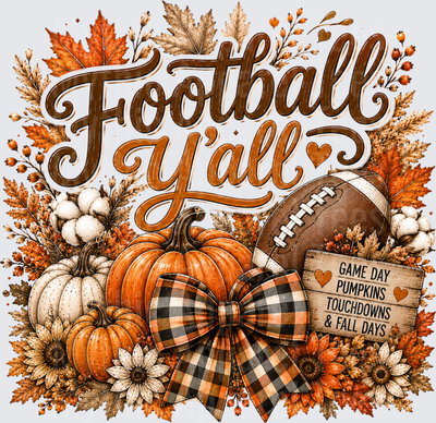 Football Y'all Game Day Pumpkins Touchdowns and Fall Days Buffalo Plaid Bow Autumn Floral Arrangement