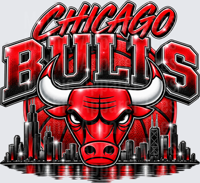 Chicago Bulls Red and Black Skyline Basketball Graphic with Bold Team Lettering and Glitter Effects