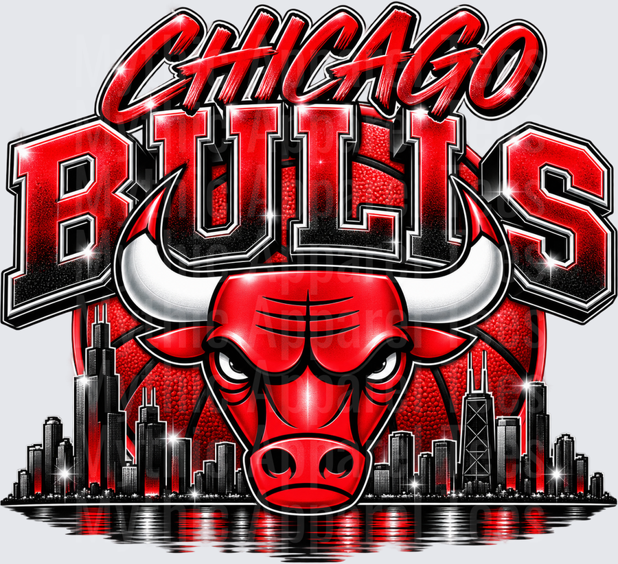 Chicago Bulls Red and Black Skyline Basketball Graphic with Bold Team Lettering and Glitter Effects