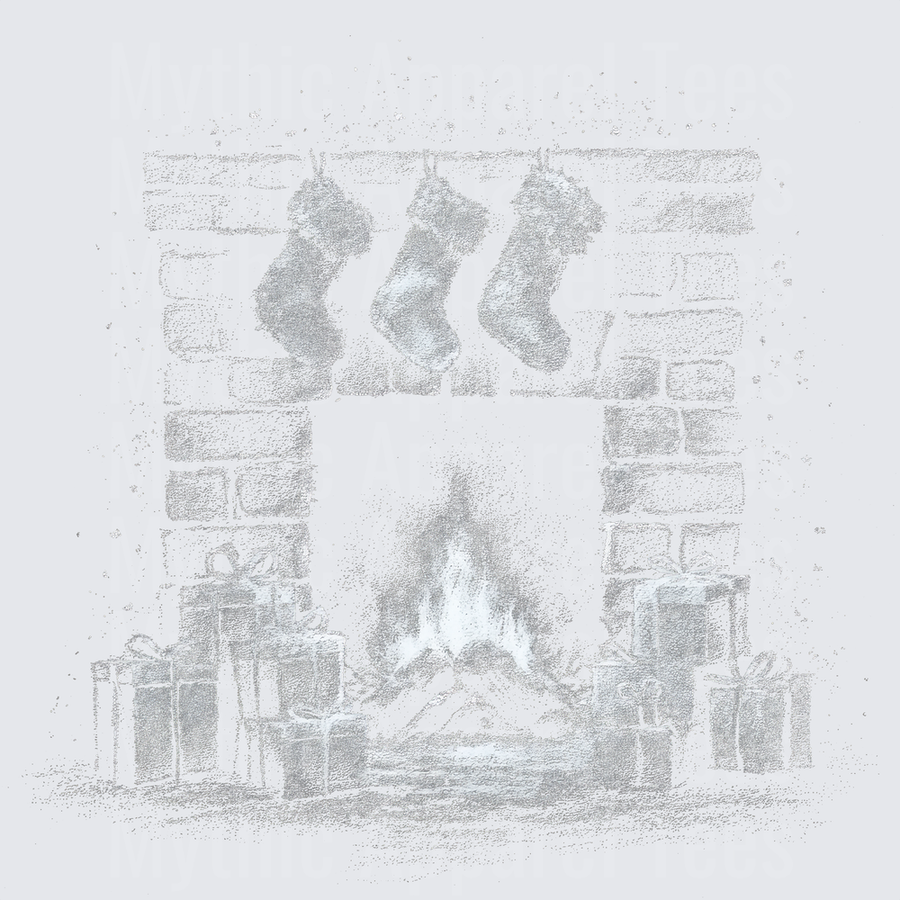 Rustic Brick Fireplace Three Stockings Wrapped Gifts Holiday Sketch Vintage Christmas