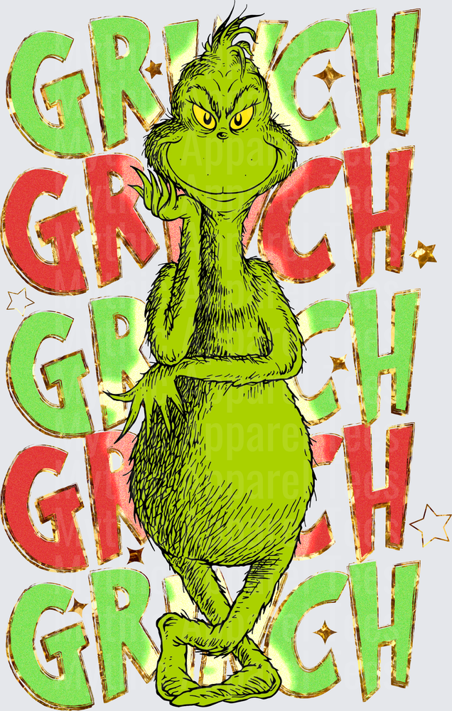 Dr. Seuss Grinch Stacked Repeat Text Green and Red Holiday Christmas Character with Smirking Expression and Crossed Arms