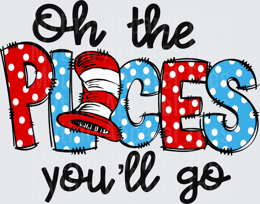 Dr. Seuss Oh The Places You'll Go Cat in the Hat Polka Dot Red Blue Inspirational Quote Typography