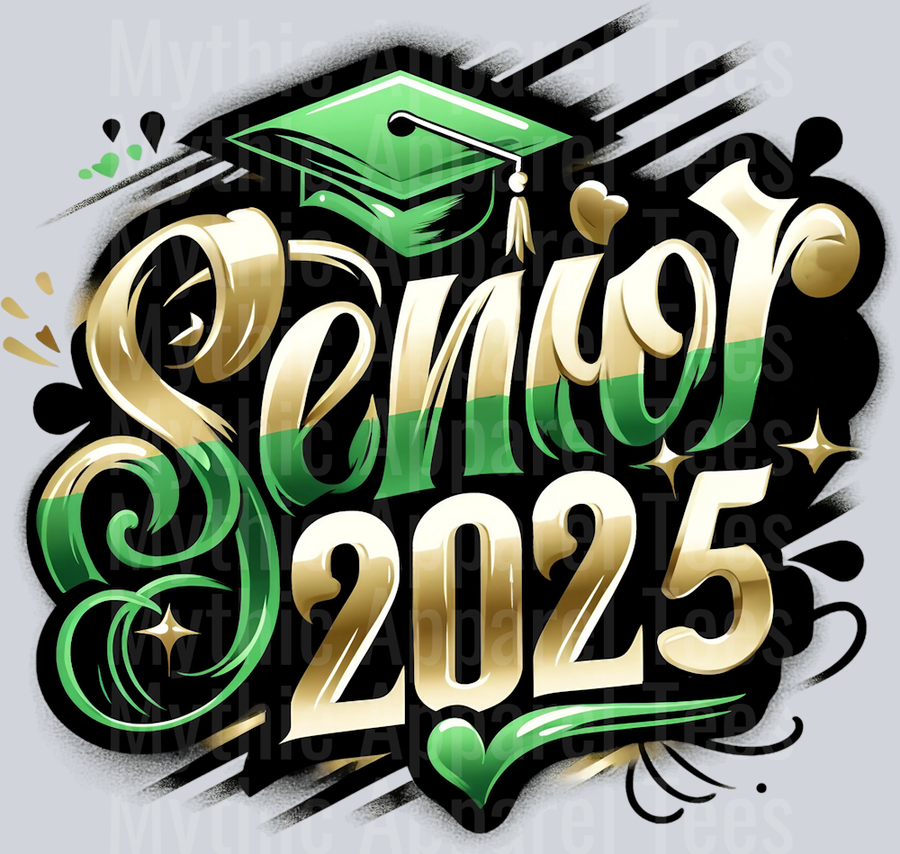 0030 Senior 2025 Airburshed Green and Gold 1 DTF 2025 Senior Graduation Transfers