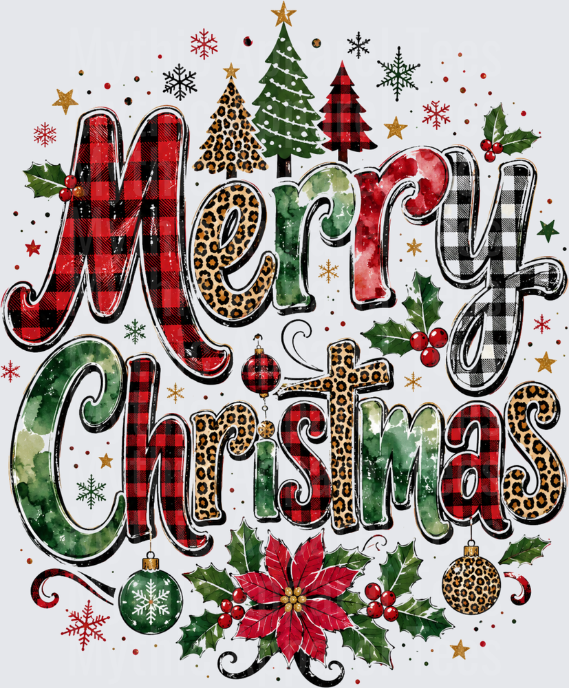 Merry Christmas Mixed Pattern Typography with Buffalo Plaid Leopard Print Holly Poinsettia and Christmas Trees