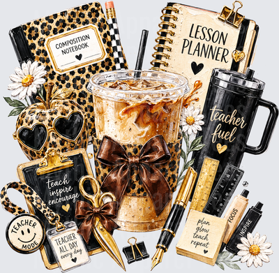 Leopard Print Teacher Life Iced Coffee Tumbler Lesson Planner Composition Notebook Teach Inspire Encourage Plan Glow Teach Repeat Teacher Mode Teacher Fuel Collage