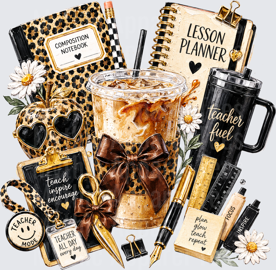 Leopard Print Teacher Life Iced Coffee Tumbler Lesson Planner Composition Notebook Teach Inspire Encourage Plan Glow Teach Repeat Teacher Mode Teacher Fuel Collage