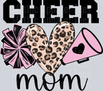 Cheer Mom, Cheerleading Pom, Pink Megaphone, Heart, Leopard Print, Moms, Bold Font, Cheer Spirit, Cheerleading, DTF Transfer