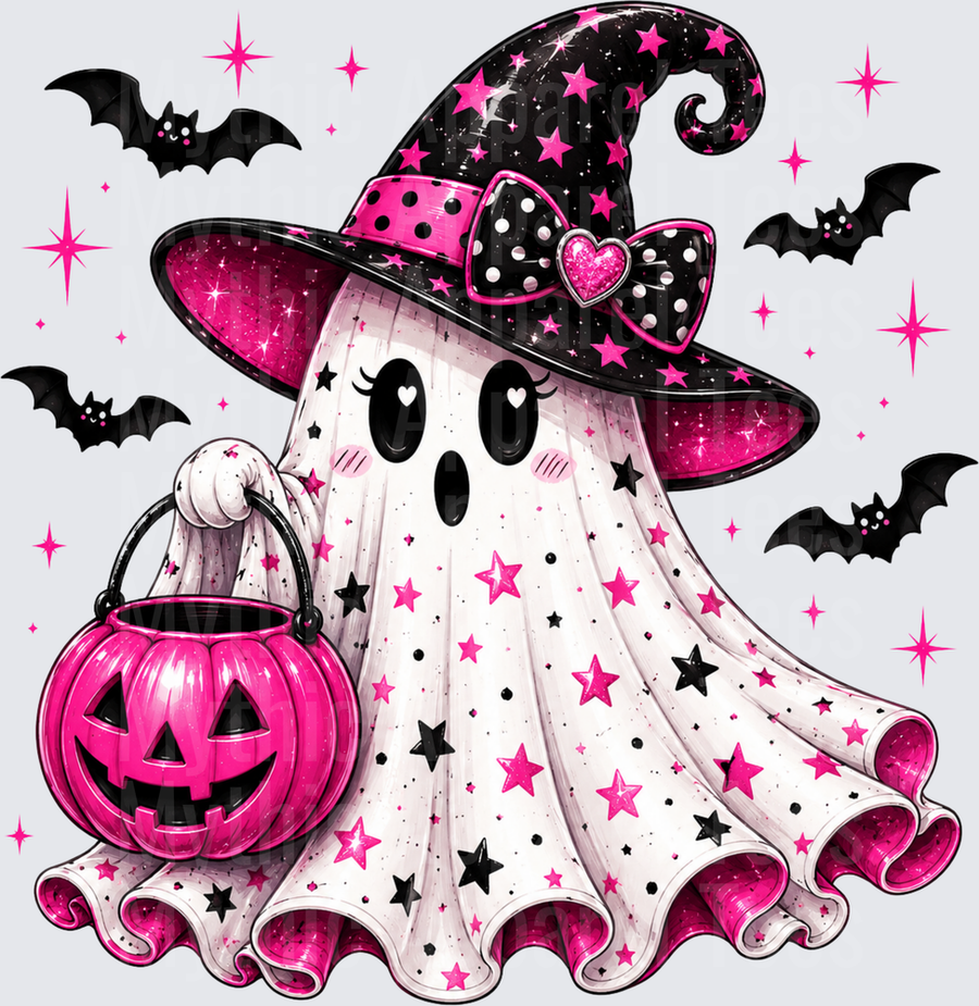 Halloween Cute Ghost Wearing Black and Hot Pink Witch Hat with Heart Bow Holding Pink Jack-O-Lantern Bucket Surrounded by Bats and Stars