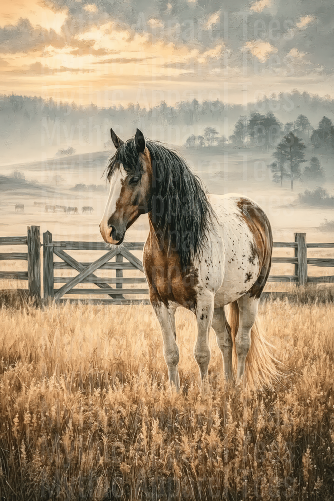 Appaloosa Paint Horse Standing in Golden Meadow with Rustic Fence and Misty Morning Landscape Oil Painting Style