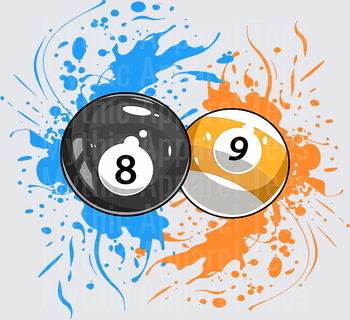 8 Ball and 9 Ball Billiards Pool Balls Blue and Orange Paint Splatter Explosion