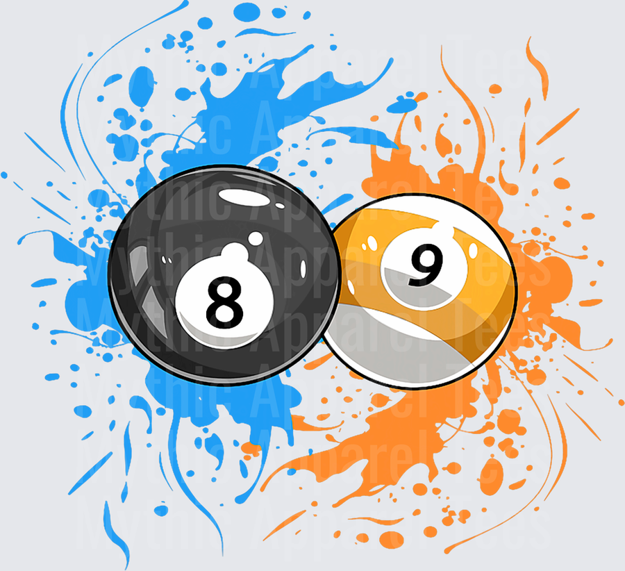 8 Ball and 9 Ball Billiards Pool Balls Blue and Orange Paint Splatter Explosion