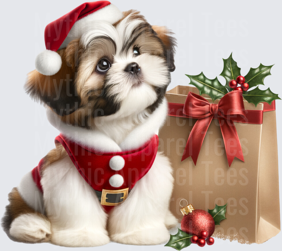 Adorable Shih Tzu Puppy in Santa Hat and Costume with Holiday Gift Bag Holly and Ornament Christmas Design