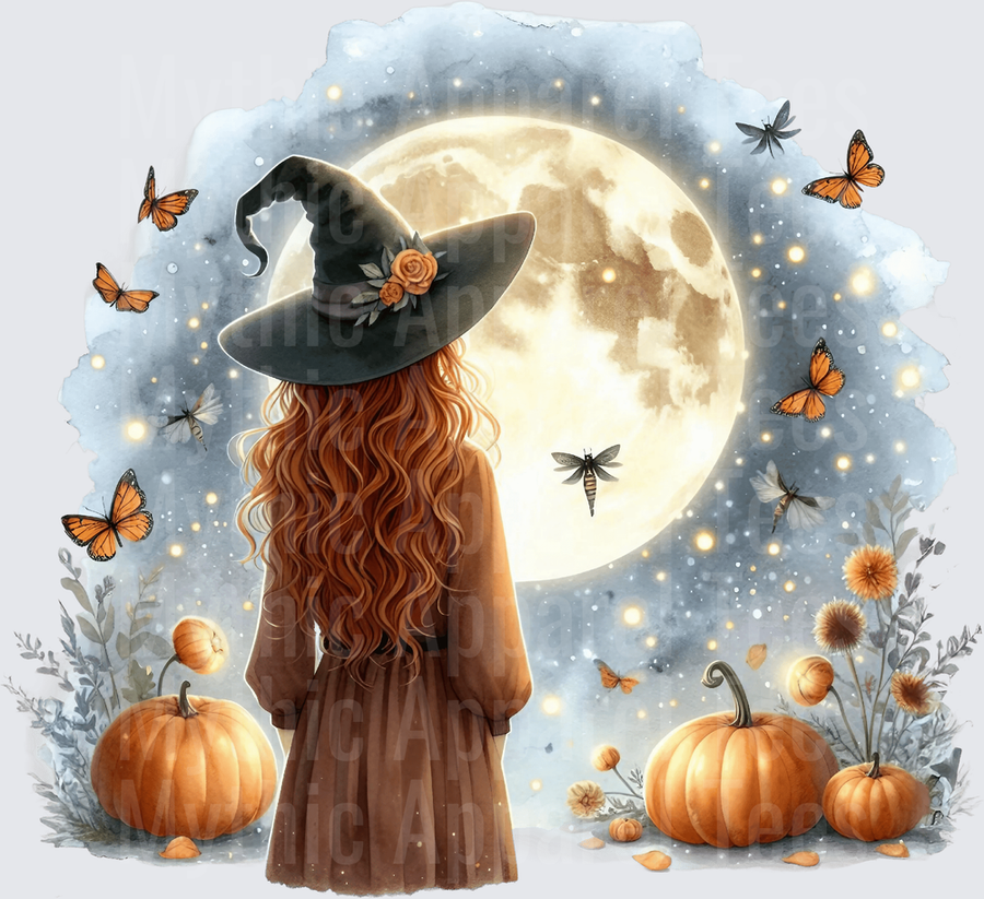 Halloween Gothic Witches Redhead Moon Pumpkins Butterflies