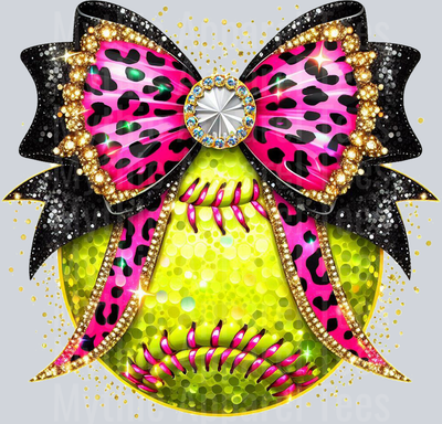 Glitter Softball Bow pink with yellow ball School Spirit & Sports