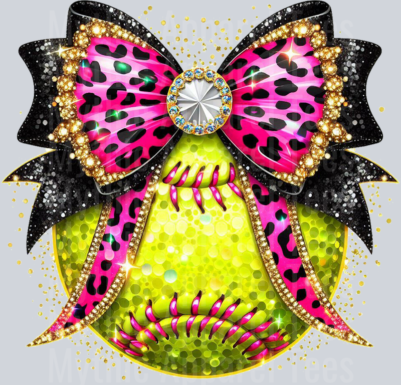 Glitter Softball Bow pink with yellow ball School Spirit & Sports