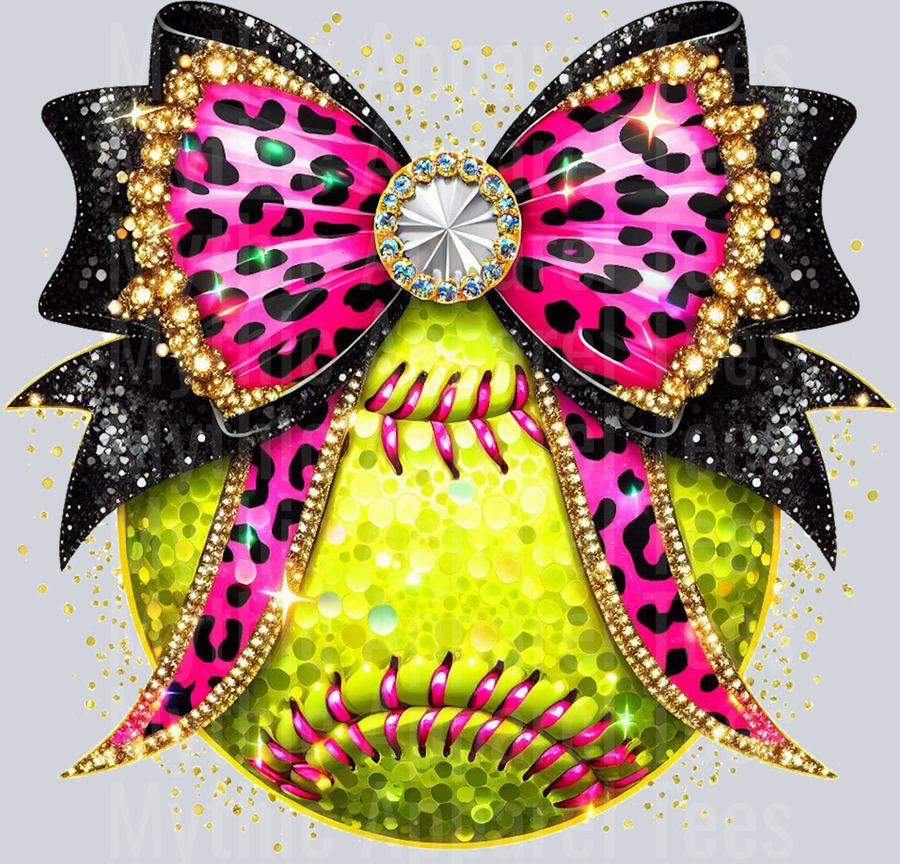 Glitter Softball Bow pink with yellow ball School Spirit & Sports