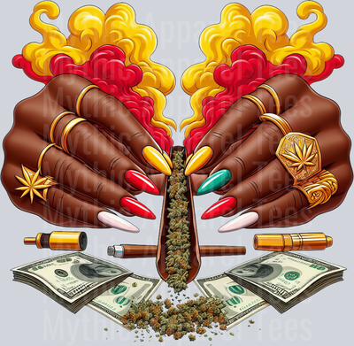 Blunt with nails and RED YELLOW floral colors weed plant DTF Weed Transfers