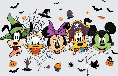 Mickey Mouse and Friends Halloween Costumes Goofy Donald Minnie Pluto Frankenstein Spooky Bats Pumpkins Candy Corn Spider Webs