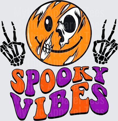 Spooky Vibes Halloween Skull Smiley Face with Skeleton Peace Sign Hands Orange Purple Retro Groovy Lettering
