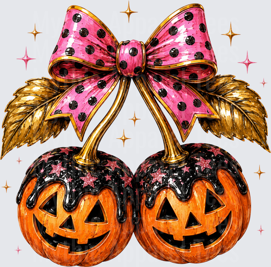 Halloween Jack-O-Lantern Cherry Pumpkins with Pink Black Polka Dot Bow and Gold Stems Glitter Stars