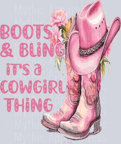 Boots and Bling its a cowgirl thing Pink with greenery DTF Western Girl Transfers