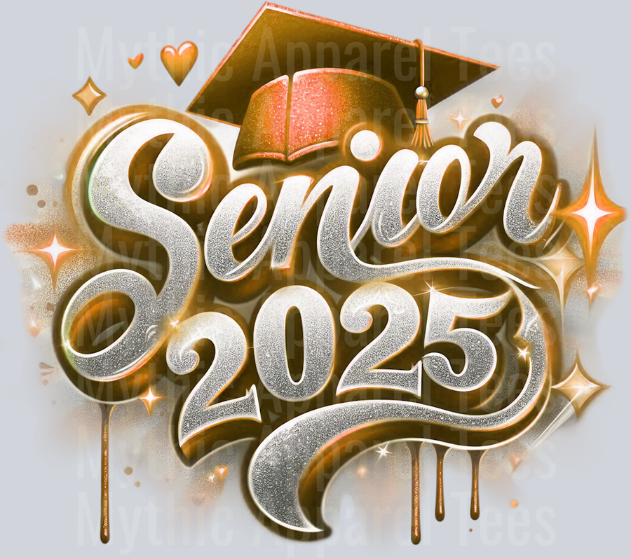 007 Senior 2025 Airbrushed Orange DTF 2025 Senior Graduation Transfers