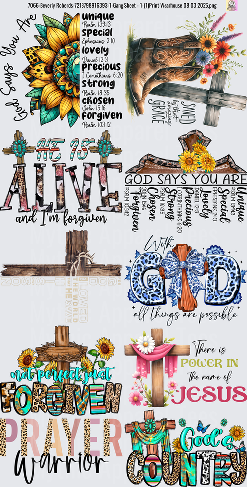 Gang Sheet FULL SIZE DESIGNS Christian Faith Inspirational Quotes Bundle with Sunflowers and Crosses