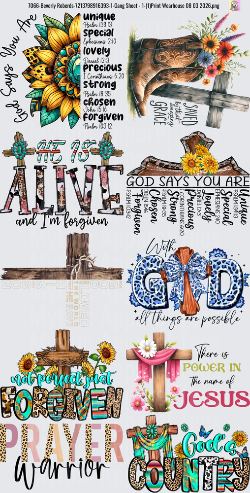 Gang Sheet FULL SIZE DESIGNS Christian Faith Inspirational Quotes Bundle with Sunflowers and Crosses