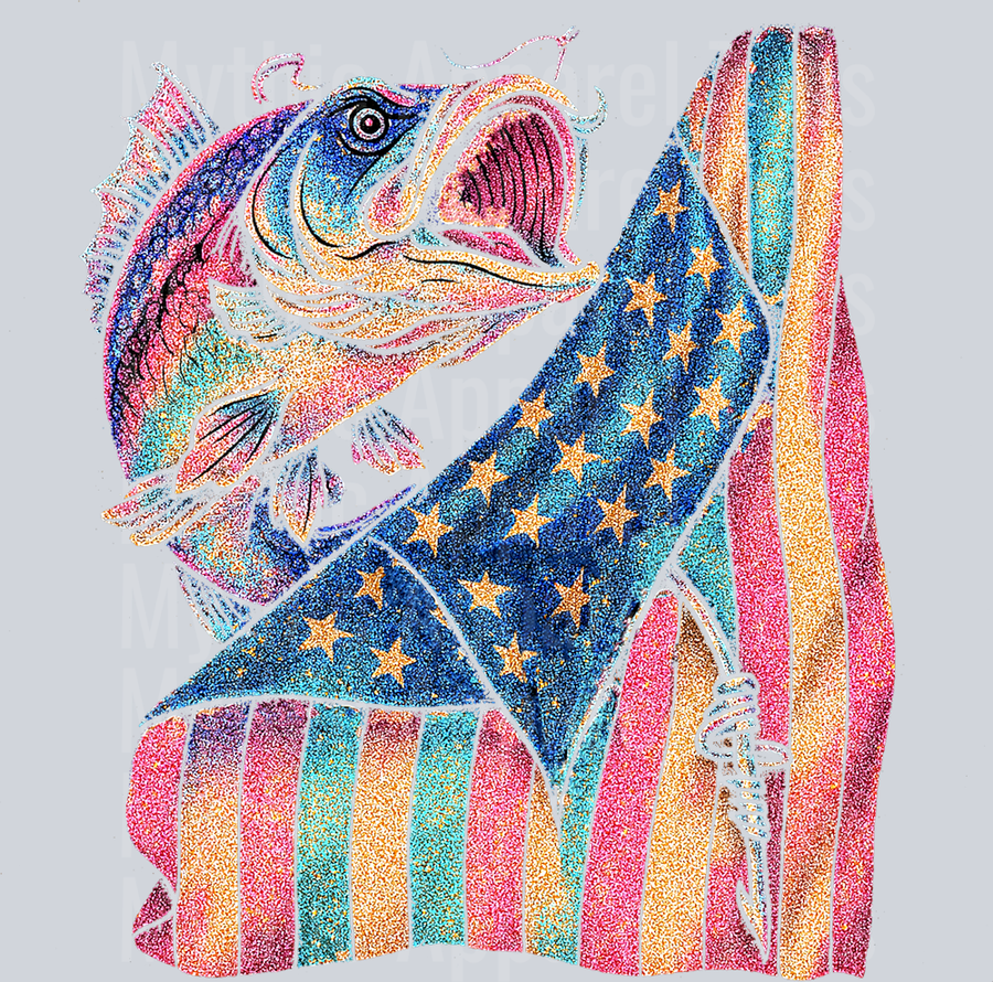 Fish with patriotic american flag Glitter DTF Fishing Transfers