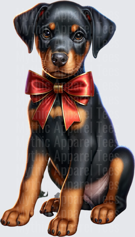 Adorable Doberman Pinscher Puppy With Red and Gold Christmas Bow