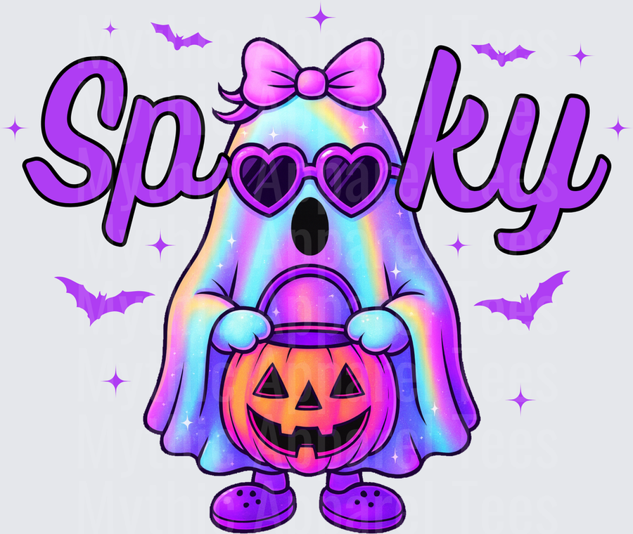 Halloween Spooky Cute Rainbow Ghost Girl with Heart Sunglasses Pink Bow and Jack-o-Lantern Candy Bucket