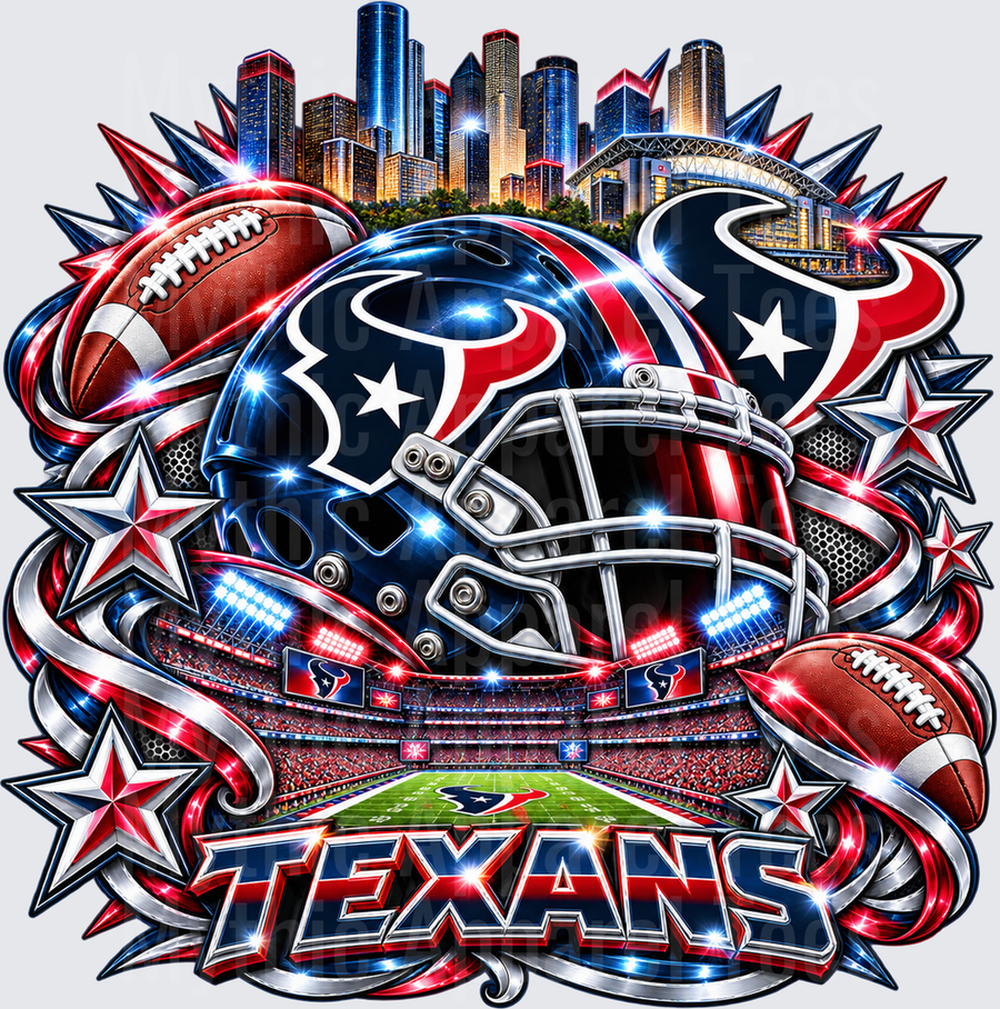 Houston Texans Bold Helmet Stadium Skyline Red Blue Glowing Football Design