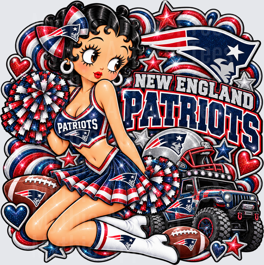 Betty Boop New England Patriots Cheerleader with Monster Truck and Glitter Pom Poms