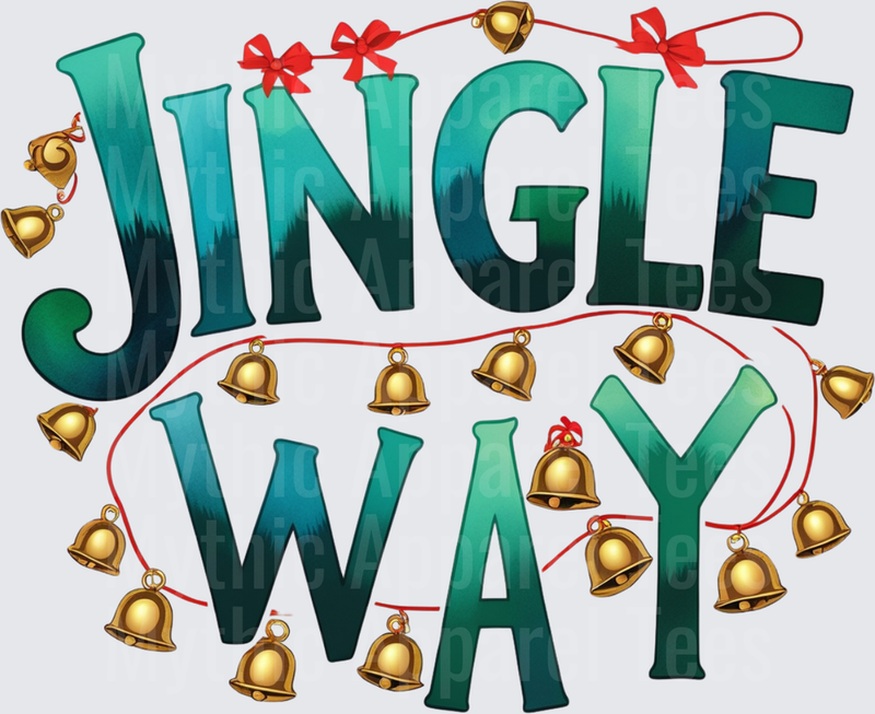 Christmas Jingle Way Teal Typography Gold Bells Red Bows
