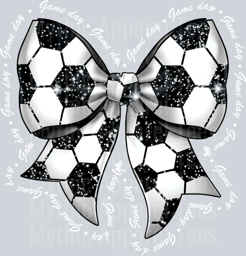 Soccer Ball Bow with Gameday words around it in white DTF Soccer Transfers