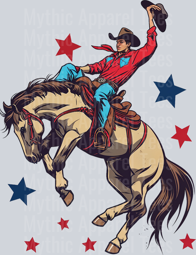 Cowboy on Horse Red White and Blue DTF Western Patriotic Transfers