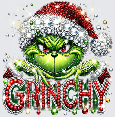 Christmas Bling Grinchy Rhinestone Bedazzled Grinch Santa Hat Sparkling Gem Text Holiday Design