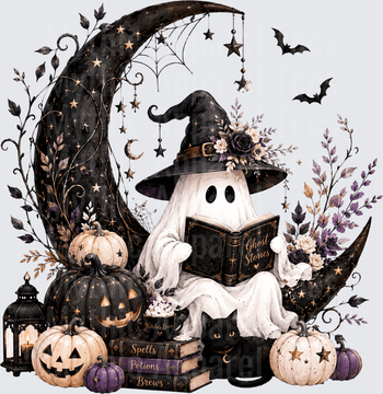 Halloween Witch Ghost Reading Ghost Stories Book Crescent Moon