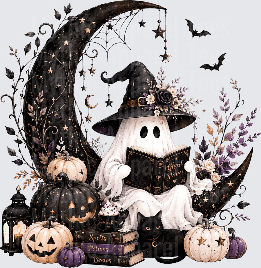 Halloween Witch Ghost Reading Ghost Stories Book Crescent Moon