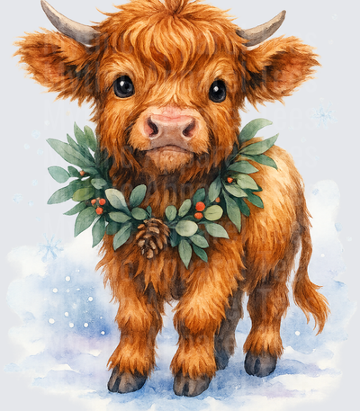 Highland Christmas Cow Calf with Holiday Wreath in Snow