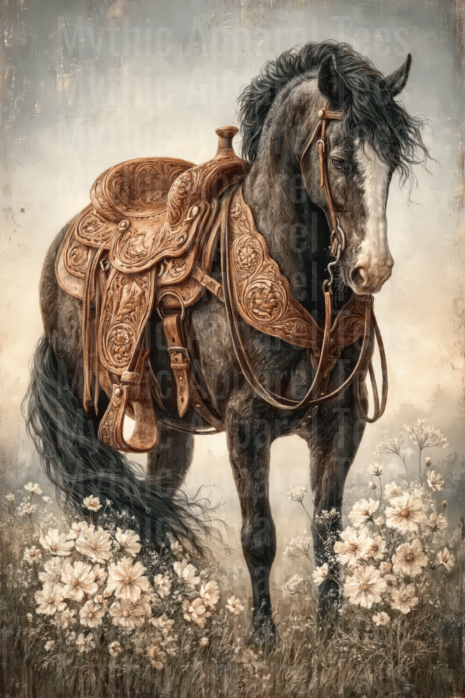 Dark Horse with Ornate Tooled Leather Western Saddle and Wildflowers Vintage Painting