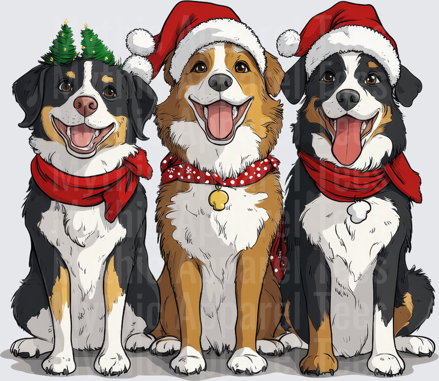 Three Happy Christmas Dogs Santa Hats Red Scarves Holiday Trio Bernese Australian Shepherd Festive