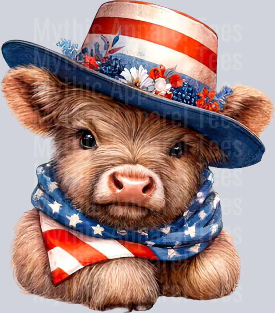 Watercolor Patriotic Highland Cow 22 DTF Patriotic Highland Cow Transfers
