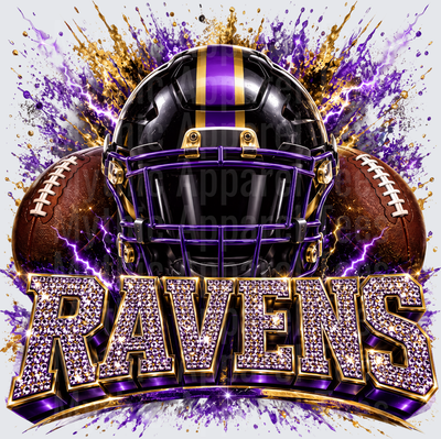 Rhinestone Style NFL Ravens Black and Purple Football Helmet with Gold and Purple Paint Splash and Bedazzled Bling Text