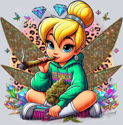Tinkerbell 2 Jewels Smoking Weed DTF Weed Transfers