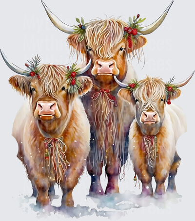 Highland Christmas Cow Family Trio Watercolor Holiday Snow