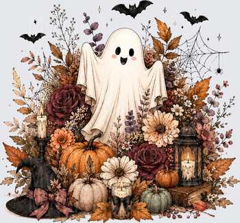 Cute Ghost Vintage Floral Halloween Arrangement with Pumpkins Witch Hat Candles Bats and Spider Web Autumn Botanical Cottagecore